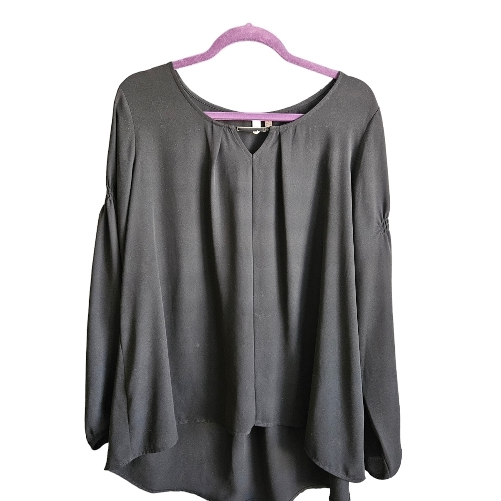 NY&C Womens Long Sleeve Vneck Black Blouse‎ Sz Large
